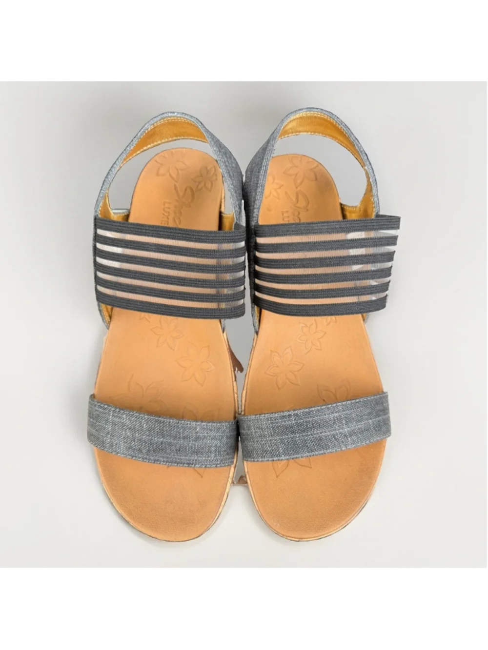 Skechers Womens Size 10 Sandals Wedge Heel Black Denim Cross Strap Luxe Foam